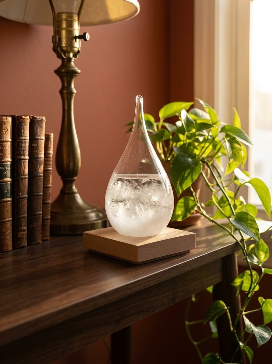 Stormglas barometer op houten voet — sfeervol design